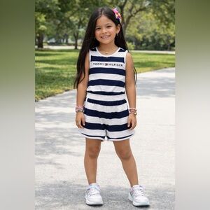 Tommy Hilfiger Girls Navy White Striped Romper Size 6/6X